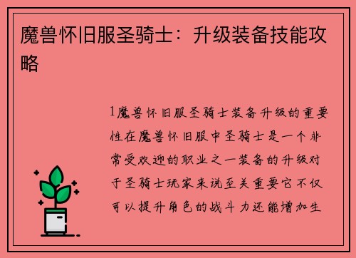 魔兽怀旧服圣骑士：升级装备技能攻略